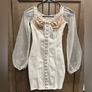 PrettyLittleThing White Bodycon Corset Dress with Sheer Sleeves Size 0